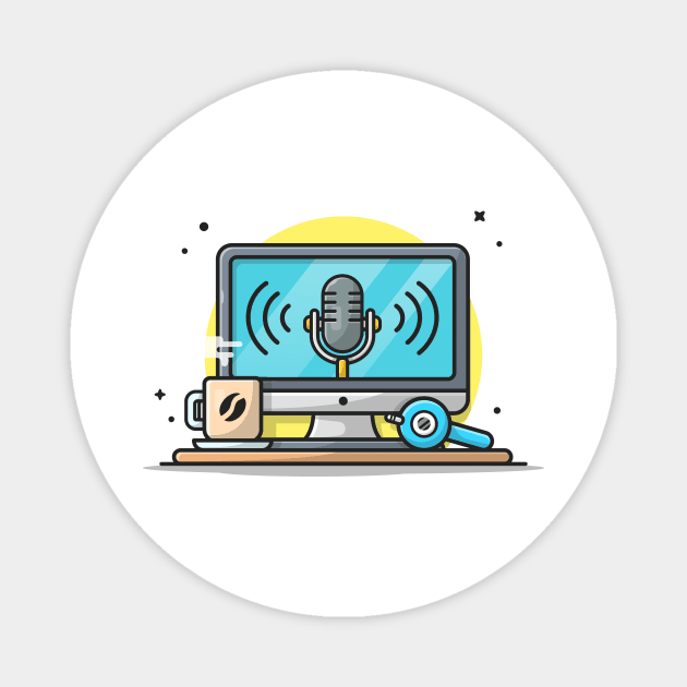Monitor with Speaker, Hot Coffee and Headphone Cartoon Vector Icon Illustration Magnet by Catalyst Labs